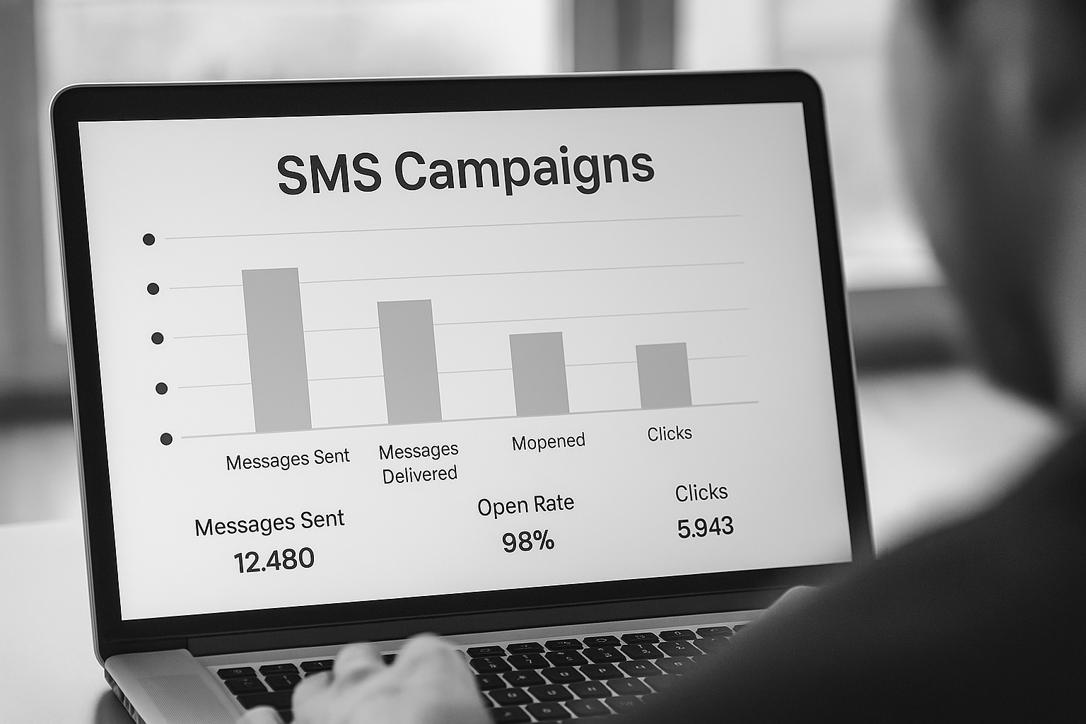 Grayscale photo of person analyzing SMS campaign analytics on a desktop computer screen